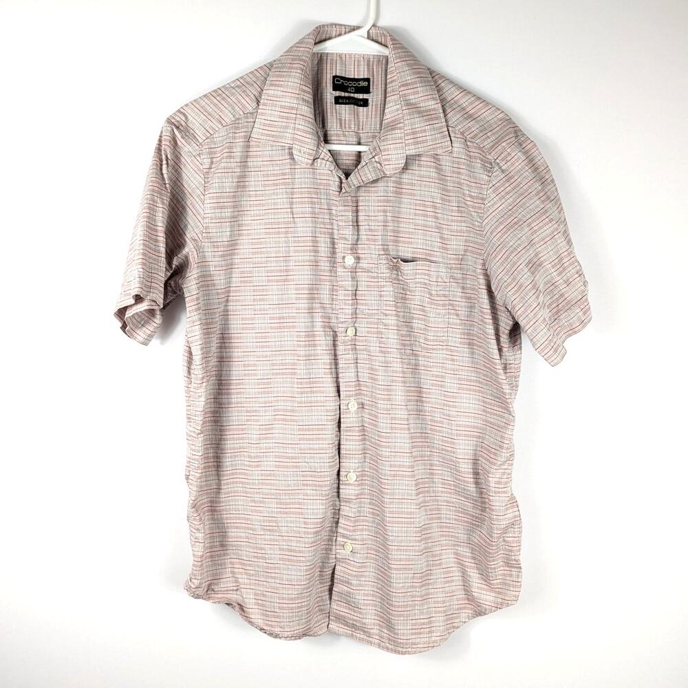 Crocodile Mens Short Sleeve Button Down Shirt Size M 40 Giza Cotton Plaid Unique